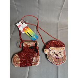 Vintage mini bag Christmas santa Sequin Beaded Stocking Trinket Purse 5” LOT 2